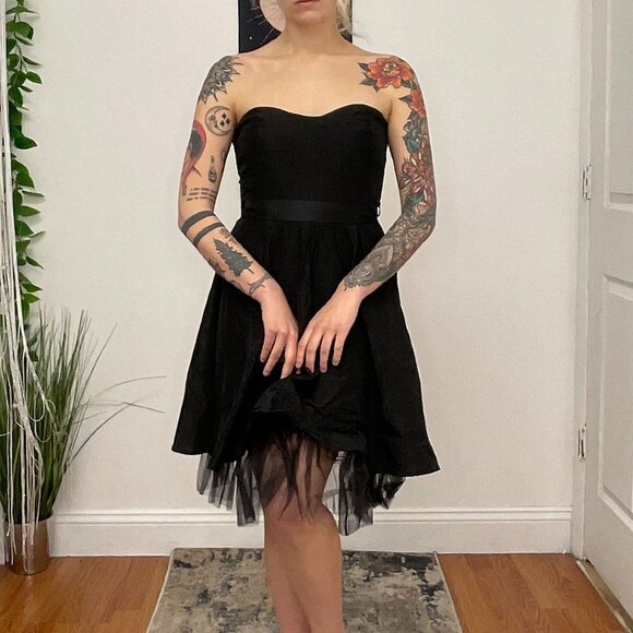 Y2K Vintage Strapless Mini Dress Sweetheart Neck Tie-Waist Size L Black - Picture 2 of 16